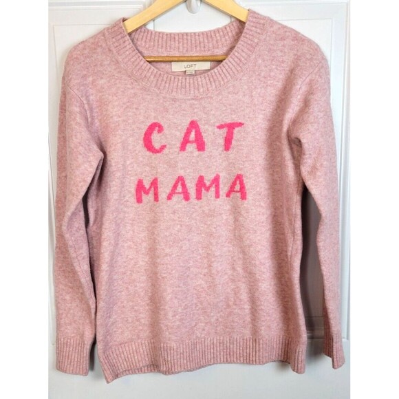 LOFT Cat Mama Sweater Size S Pink Animal Lover Crewneck Pullover - Picture 2 of 7